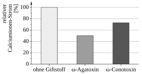 Balkendiagramm zum relativen Calciumionen-Strom mit Vergleich von ohne Giftstoff, ω-Agatoxin und ω-Conotoxin.
